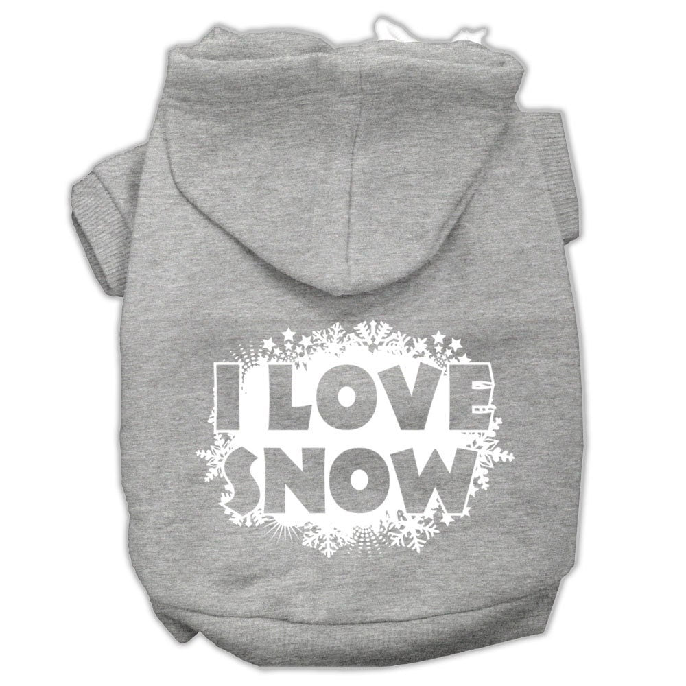 A cozy Christmas hoodie for pets, featuring a screen print that says 'I Love Snow', designed for dogs and cats.