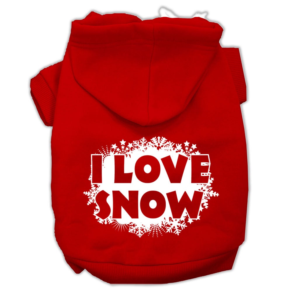 A cozy Christmas hoodie for pets, featuring a screen print that says 'I Love Snow', designed for dogs and cats.