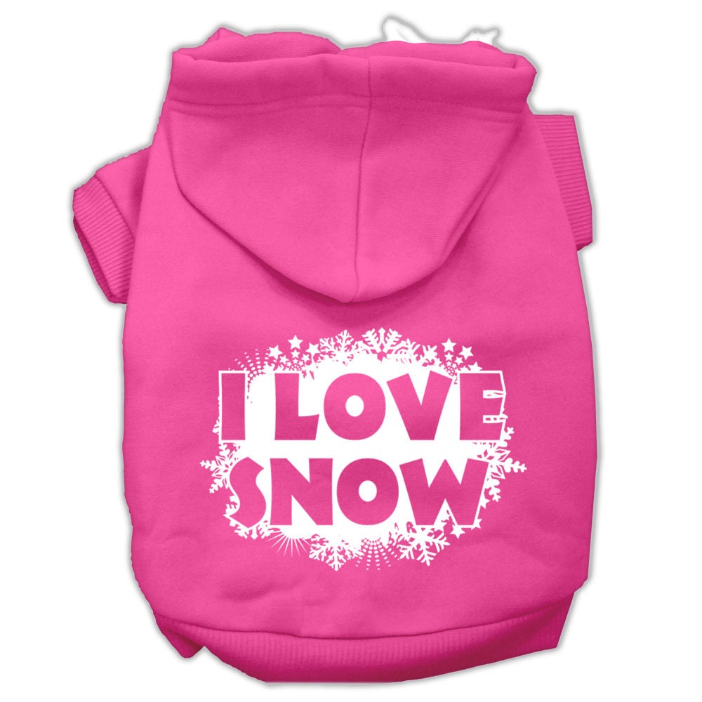 A cozy Christmas hoodie for pets, featuring a screen print that says 'I Love Snow', designed for dogs and cats.