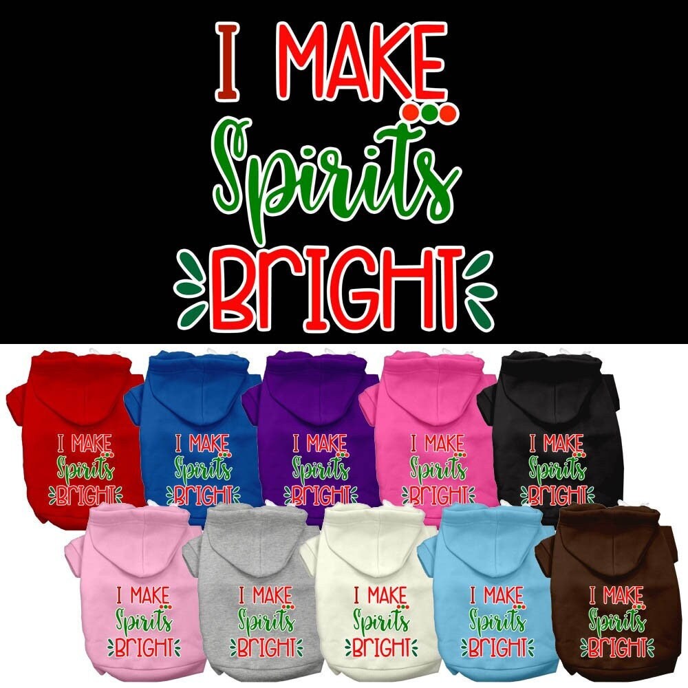 A festive Christmas hoodie for pets, featuring the phrase 'I Make Spirits Bright', designed for dogs and cats with a cozy fit.