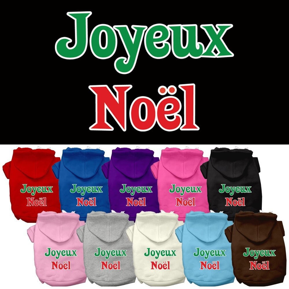 A cozy Christmas hoodie for pets, featuring 'Joyeux Noel' printed on the back, designed for dogs and cats with a soft fabric blend.