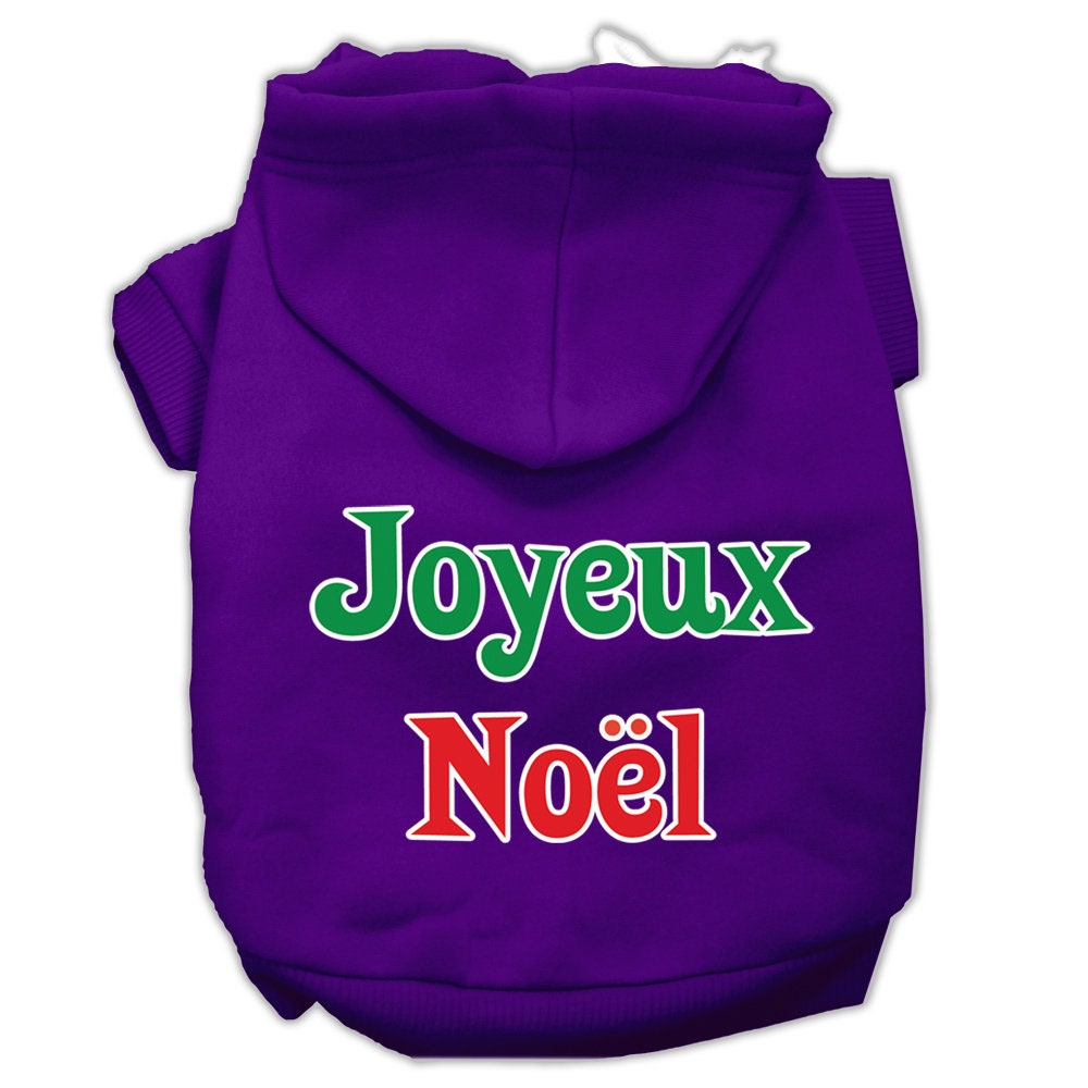 A cozy Christmas hoodie for pets, featuring 'Joyeux Noel' printed on the back, designed for dogs and cats with a soft fabric blend.