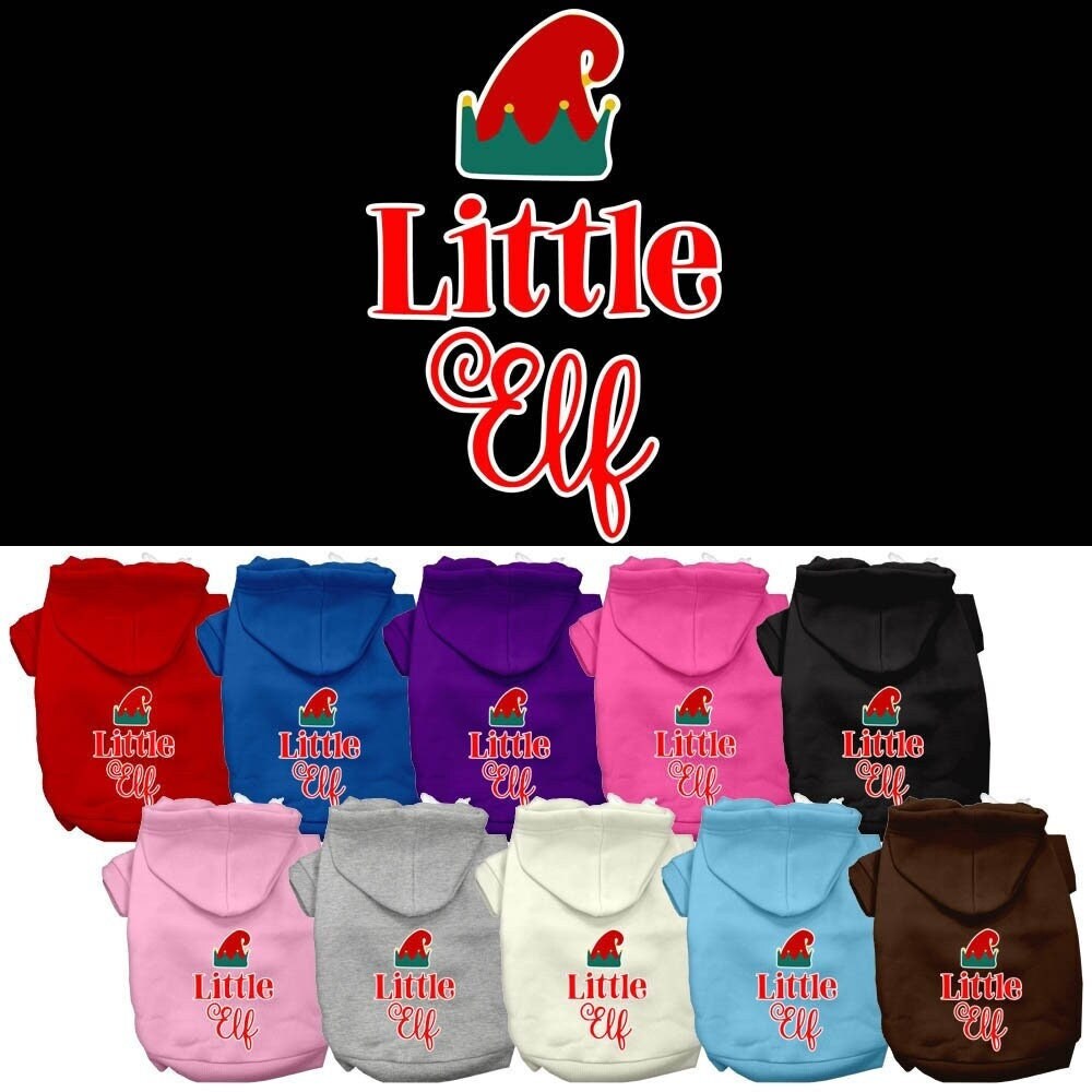 A cozy Christmas hoodie for pets featuring a 'Little Elf' design, perfect for dogs and cats during the holiday season.