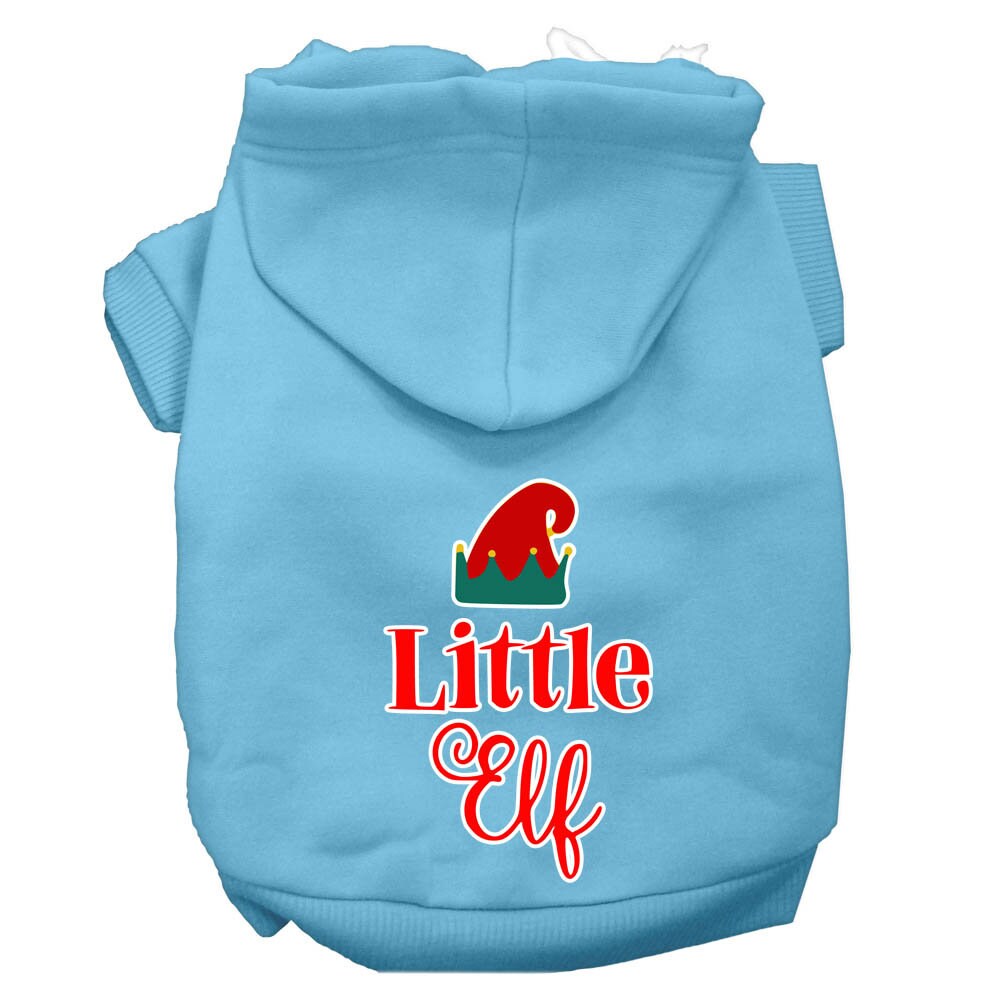 A cozy Christmas hoodie for pets featuring a 'Little Elf' design, perfect for dogs and cats during the holiday season.