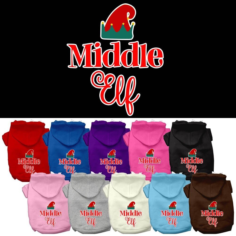 A cozy Christmas hoodie for pets featuring a 'Middle Elf' design, perfect for dogs and cats during the holiday season.