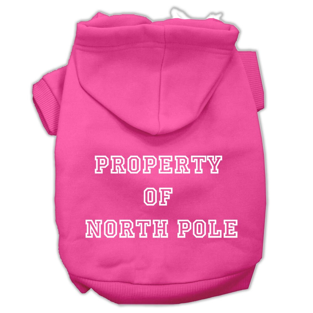 A cozy Christmas hoodie for dogs and cats, featuring a screen print that says 'Property of North Pole', perfect for festive occasions.