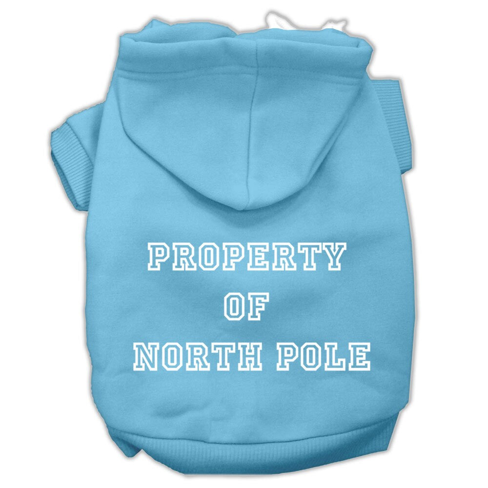 A cozy Christmas hoodie for dogs and cats, featuring a screen print that says 'Property of North Pole', perfect for festive occasions.