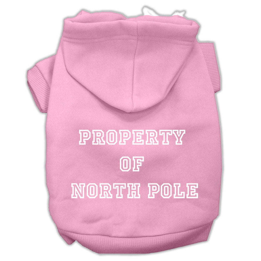 A cozy Christmas hoodie for dogs and cats, featuring a screen print that says 'Property of North Pole', perfect for festive occasions.