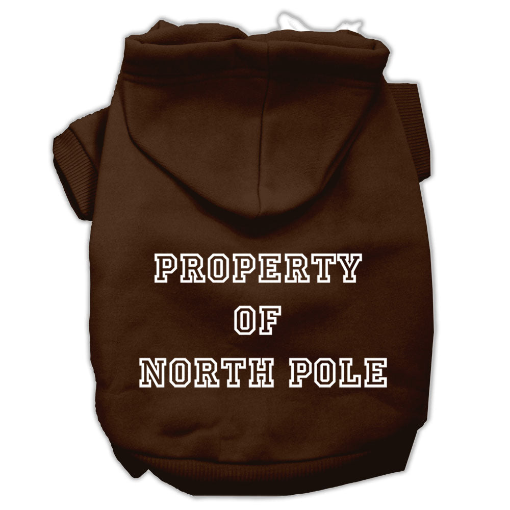 A cozy Christmas hoodie for dogs and cats, featuring a screen print that says 'Property of North Pole', perfect for festive occasions.