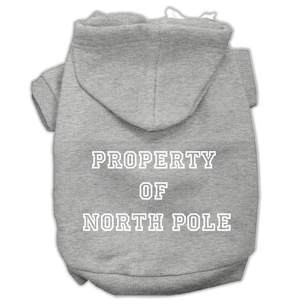 A cozy Christmas hoodie for dogs and cats, featuring a screen print that says 'Property of North Pole', perfect for festive occasions.