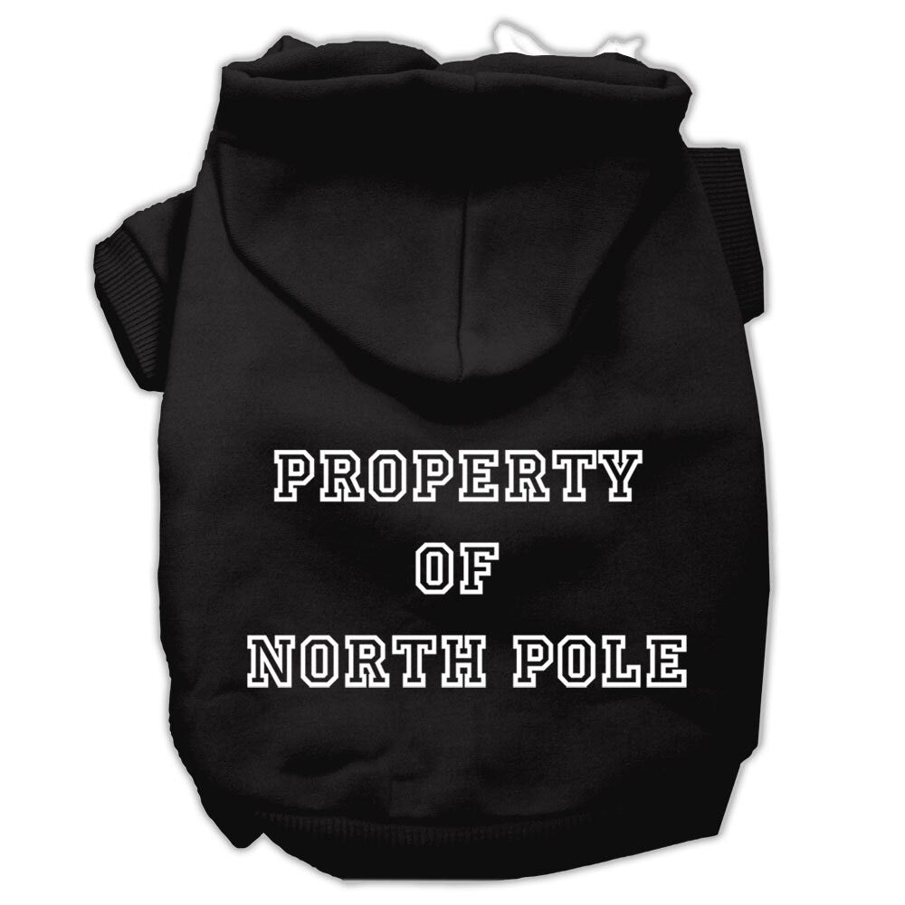 A cozy Christmas hoodie for dogs and cats, featuring a screen print that says 'Property of North Pole', perfect for festive occasions.