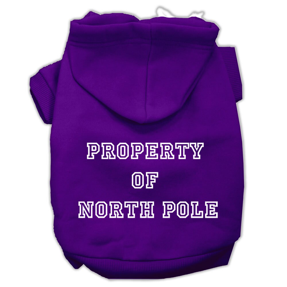 A cozy Christmas hoodie for dogs and cats, featuring a screen print that says 'Property of North Pole', perfect for festive occasions.