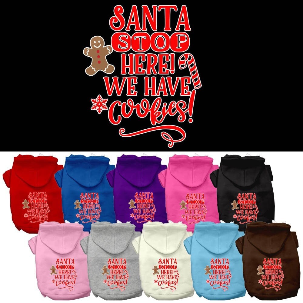 A cozy Christmas hoodie for dogs and cats, featuring the text 'Santa Stop Here, We Have Cookies', designed for festive winter wear.