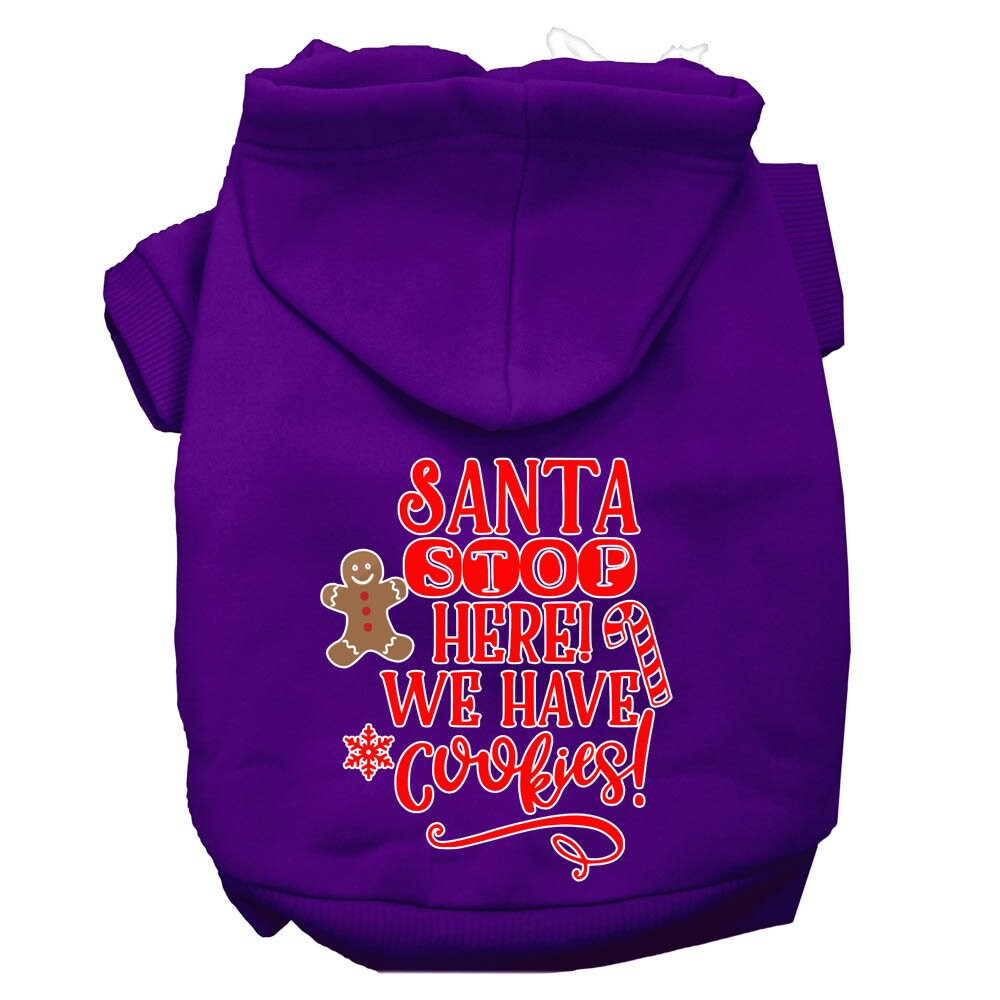 A cozy Christmas hoodie for dogs and cats, featuring the text 'Santa Stop Here, We Have Cookies', designed for festive winter wear.