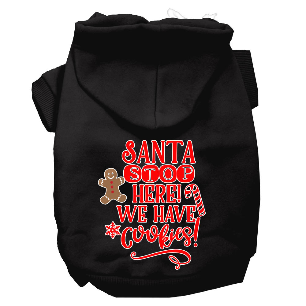 A cozy Christmas hoodie for dogs and cats, featuring the text 'Santa Stop Here, We Have Cookies', designed for festive winter wear.