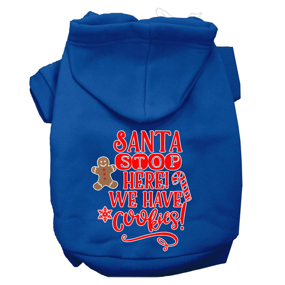 A cozy Christmas hoodie for dogs and cats, featuring the text 'Santa Stop Here, We Have Cookies', designed for festive winter wear.