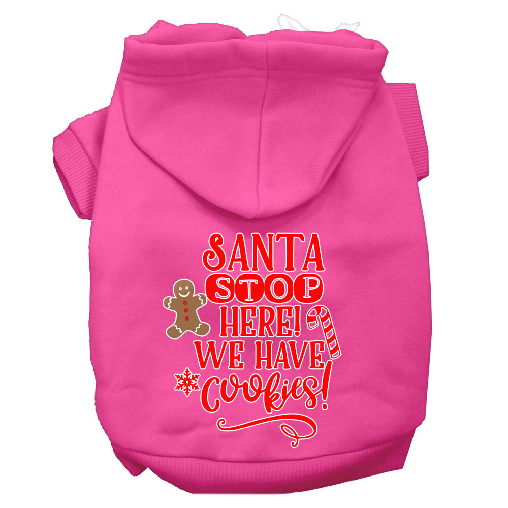 A cozy Christmas hoodie for dogs and cats, featuring the text 'Santa Stop Here, We Have Cookies', designed for festive winter wear.