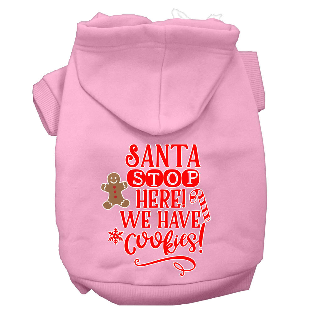 A cozy Christmas hoodie for dogs and cats, featuring the text 'Santa Stop Here, We Have Cookies', designed for festive winter wear.