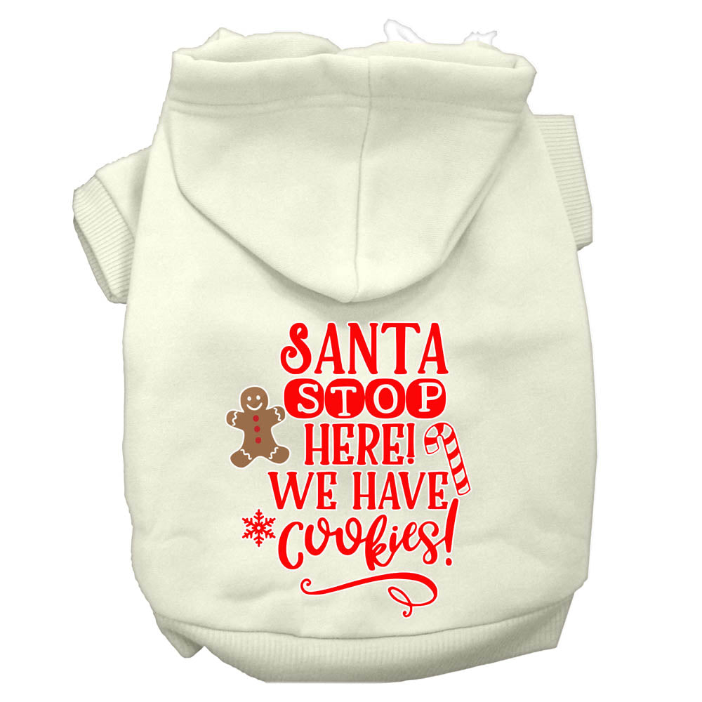 A cozy Christmas hoodie for dogs and cats, featuring the text 'Santa Stop Here, We Have Cookies', designed for festive winter wear.
