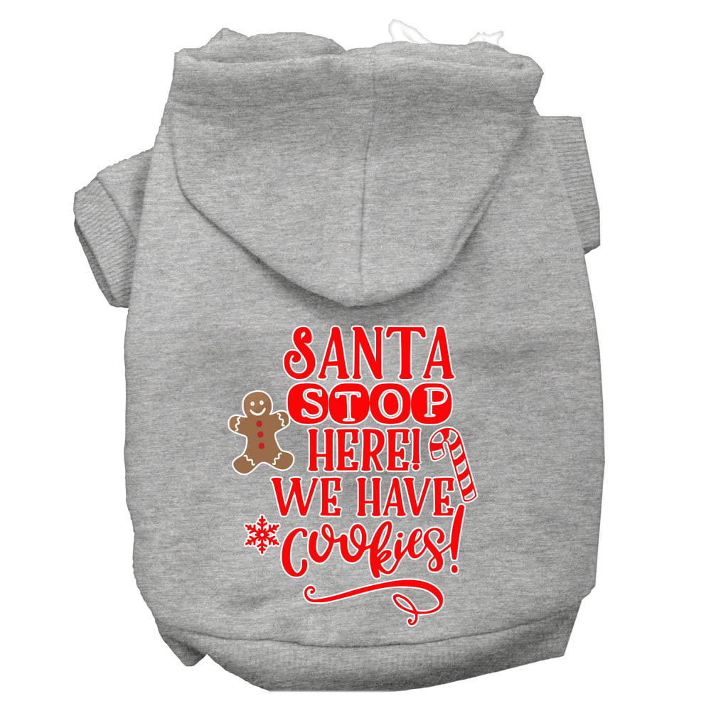 A cozy Christmas hoodie for dogs and cats, featuring the text 'Santa Stop Here, We Have Cookies', designed for festive winter wear.