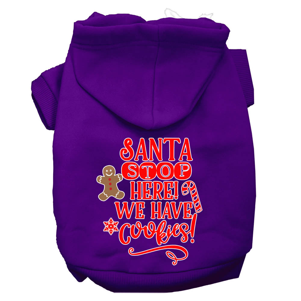 A cozy Christmas hoodie for dogs and cats, featuring the text 'Santa Stop Here, We Have Cookies', designed for festive winter wear.