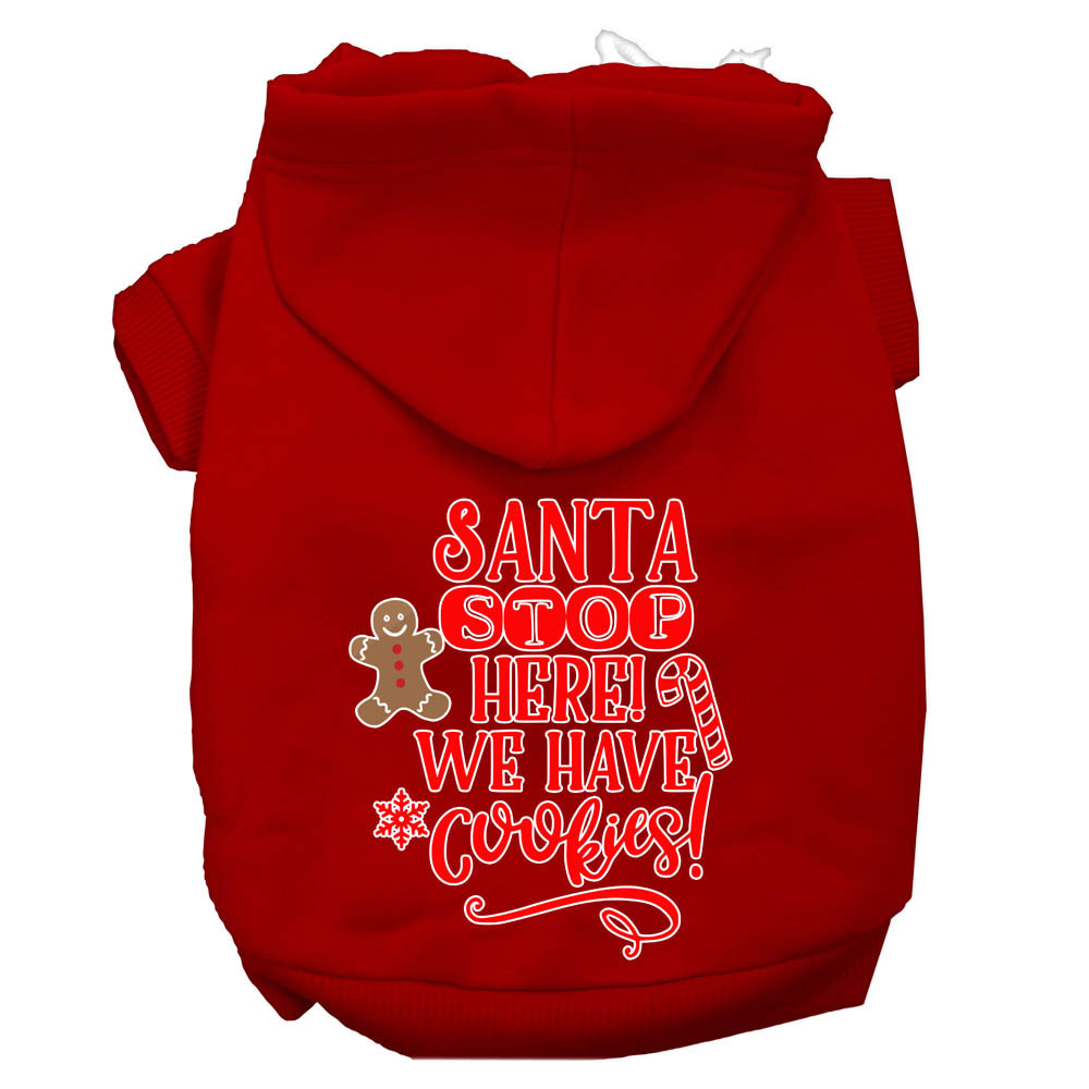 A cozy Christmas hoodie for dogs and cats, featuring the text 'Santa Stop Here, We Have Cookies', designed for festive winter wear.