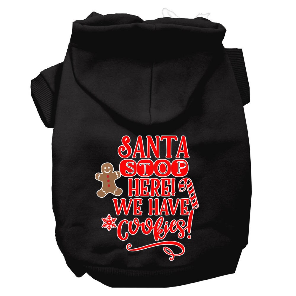 A cozy Christmas hoodie for dogs and cats, featuring the text 'Santa Stop Here, We Have Cookies', designed for festive winter wear.