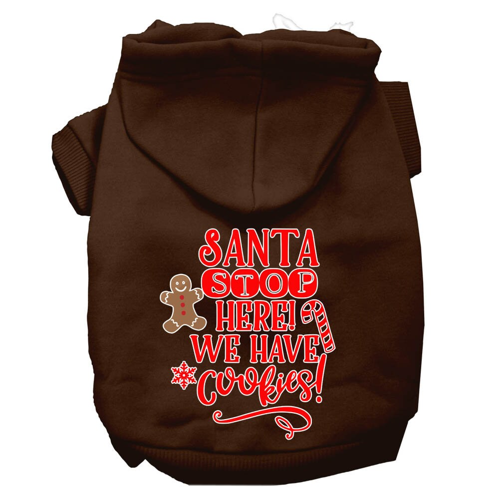 A cozy Christmas hoodie for dogs and cats, featuring the text 'Santa Stop Here, We Have Cookies', designed for festive winter wear.