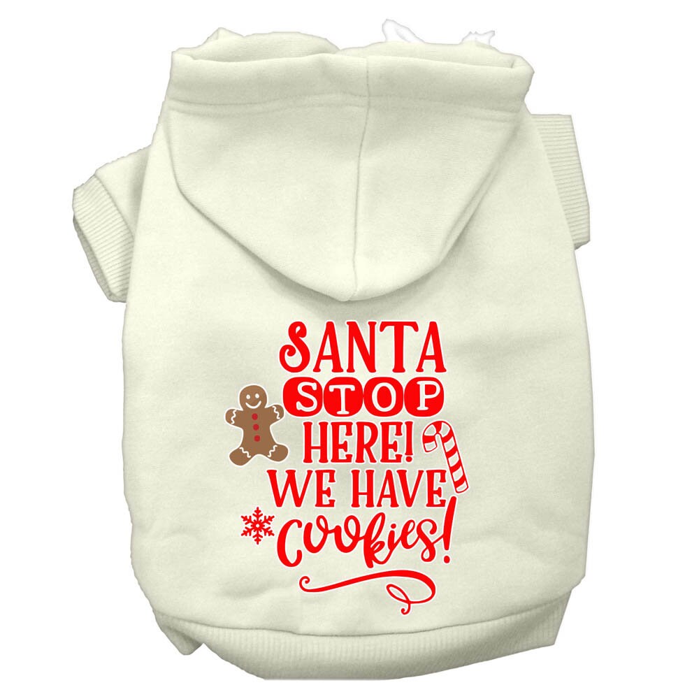 A cozy Christmas hoodie for dogs and cats, featuring the text 'Santa Stop Here, We Have Cookies', designed for festive winter wear.