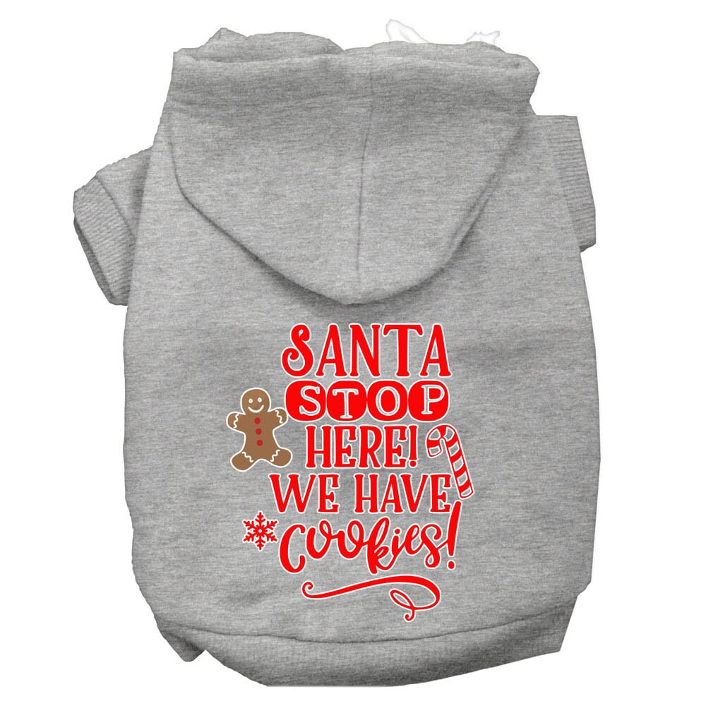 A cozy Christmas hoodie for dogs and cats, featuring the text 'Santa Stop Here, We Have Cookies', designed for festive winter wear.