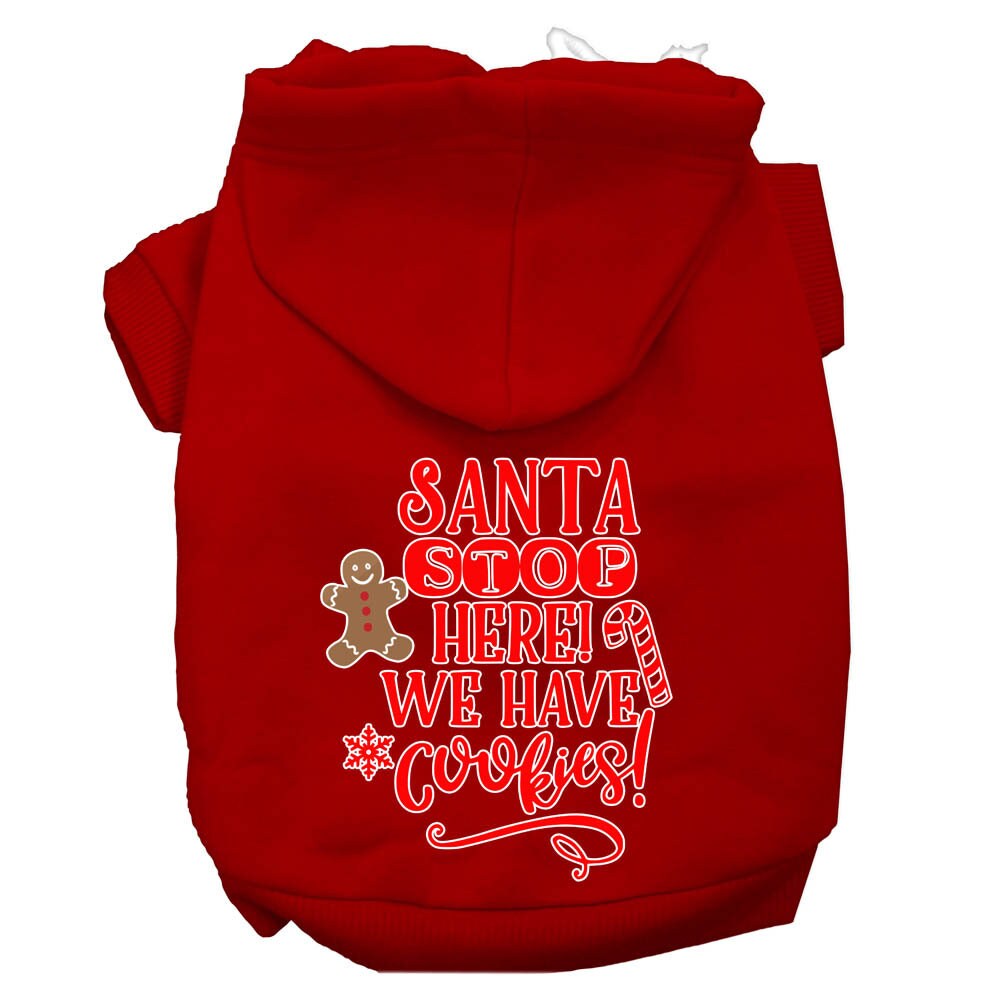 A cozy Christmas hoodie for dogs and cats, featuring the text 'Santa Stop Here, We Have Cookies', designed for festive winter wear.