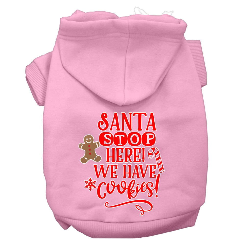 A cozy Christmas hoodie for dogs and cats, featuring the text 'Santa Stop Here, We Have Cookies', designed for festive winter wear.