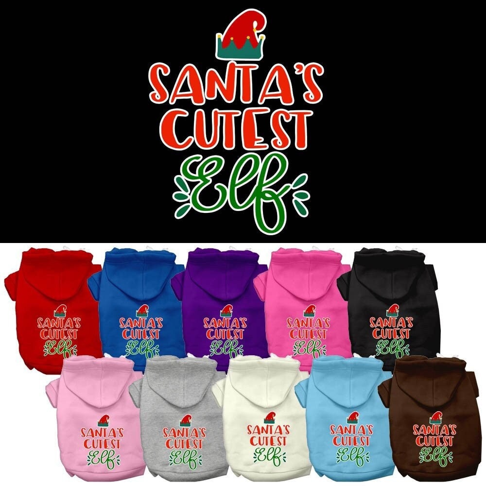 A festive Christmas hoodie for pets, featuring the text 'Santa's Cutest Elf', designed for dogs and cats with a cozy fit.