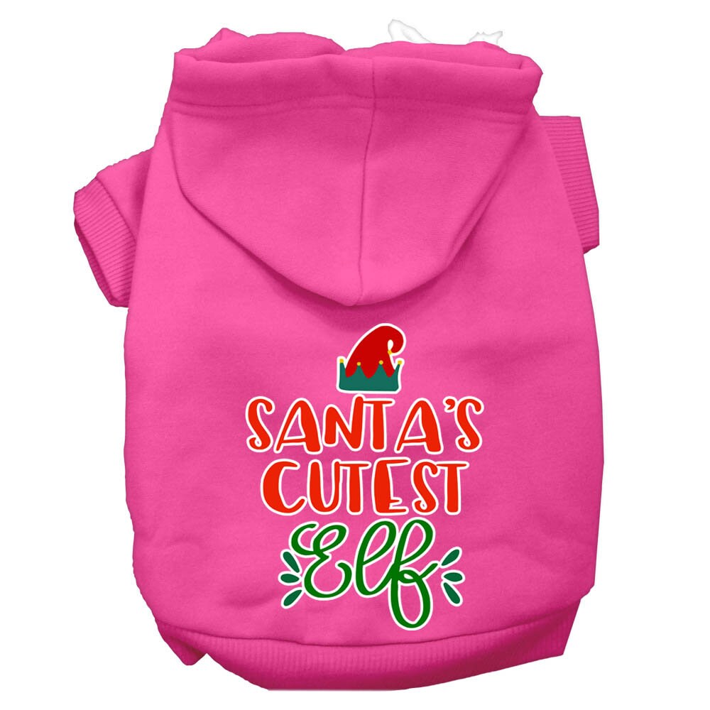 A festive Christmas hoodie for pets, featuring the text 'Santa's Cutest Elf', designed for dogs and cats with a cozy fit.