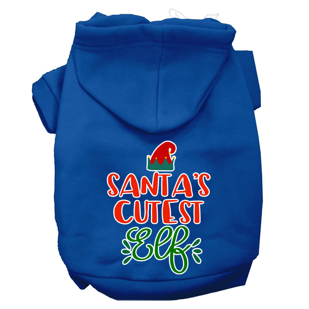 A festive Christmas hoodie for pets, featuring the text 'Santa's Cutest Elf', designed for dogs and cats with a cozy fit.
