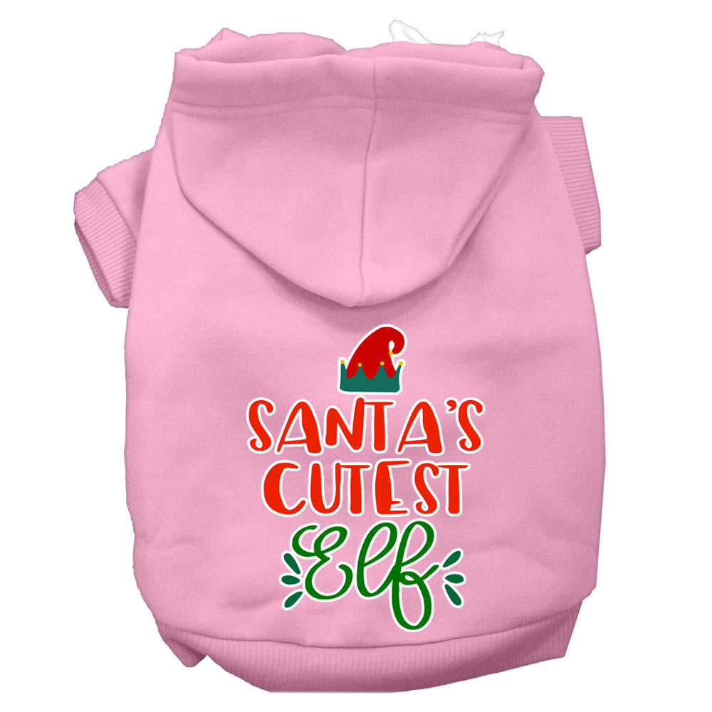A festive Christmas hoodie for pets, featuring the text 'Santa's Cutest Elf', designed for dogs and cats with a cozy fit.
