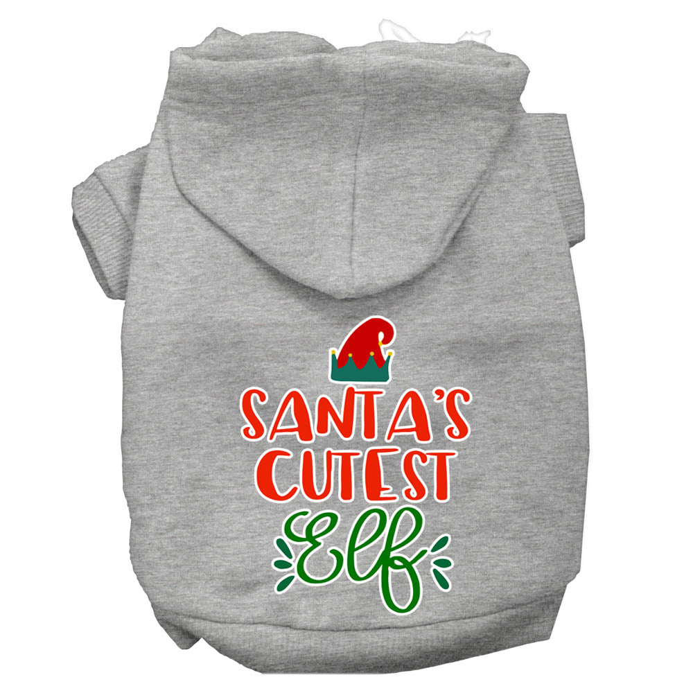 A festive Christmas hoodie for pets, featuring the text 'Santa's Cutest Elf', designed for dogs and cats with a cozy fit.
