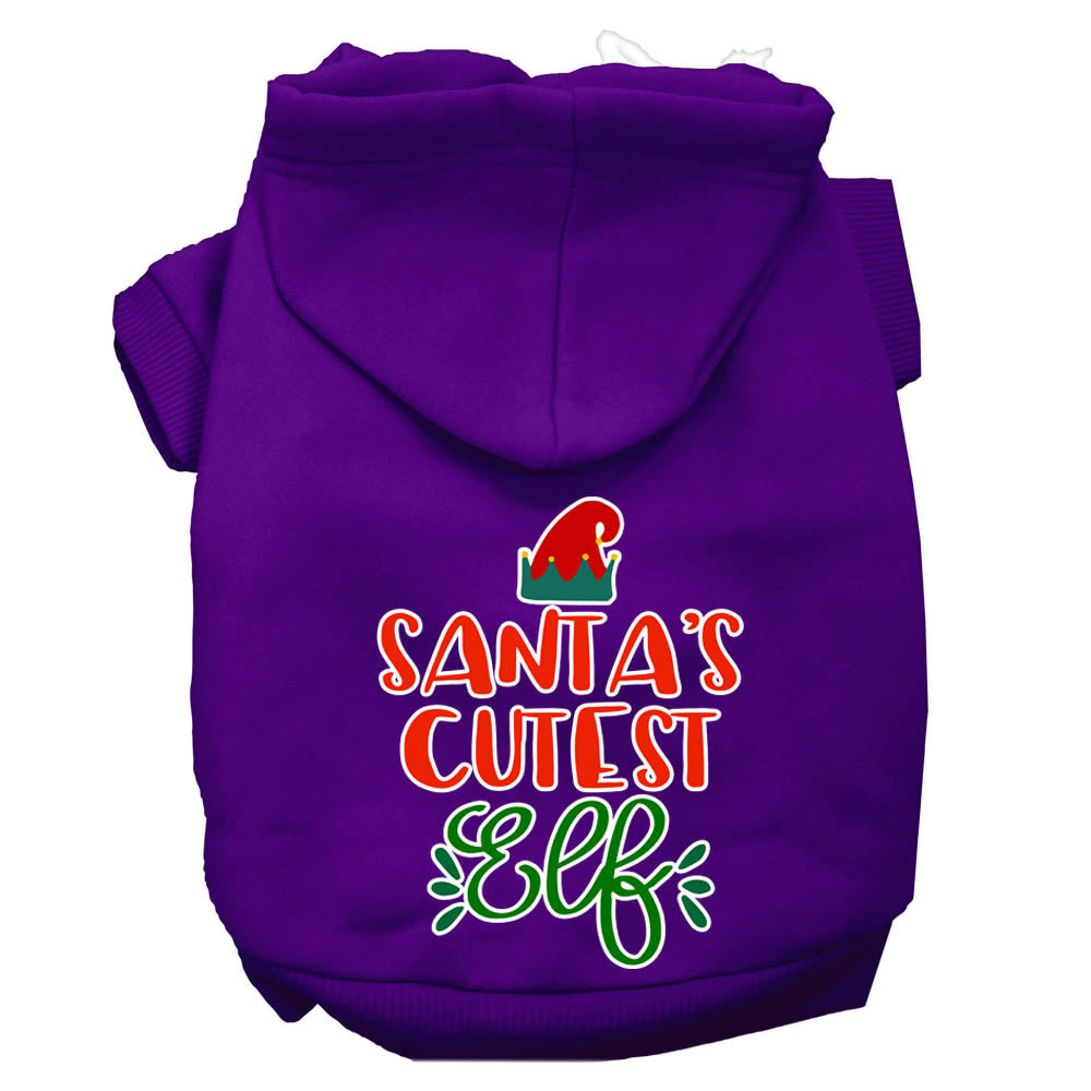 A festive Christmas hoodie for pets, featuring the text 'Santa's Cutest Elf', designed for dogs and cats with a cozy fit.