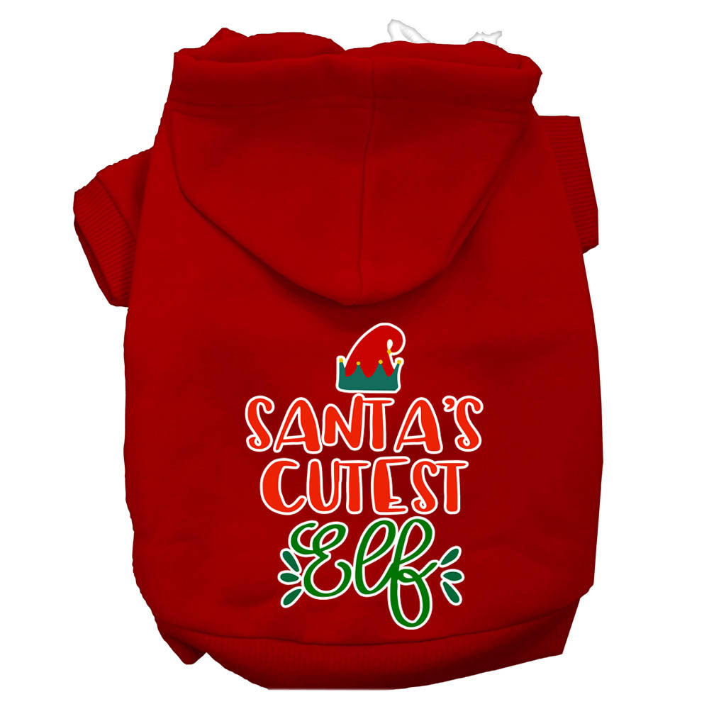 A festive Christmas hoodie for pets, featuring the text 'Santa's Cutest Elf', designed for dogs and cats with a cozy fit.