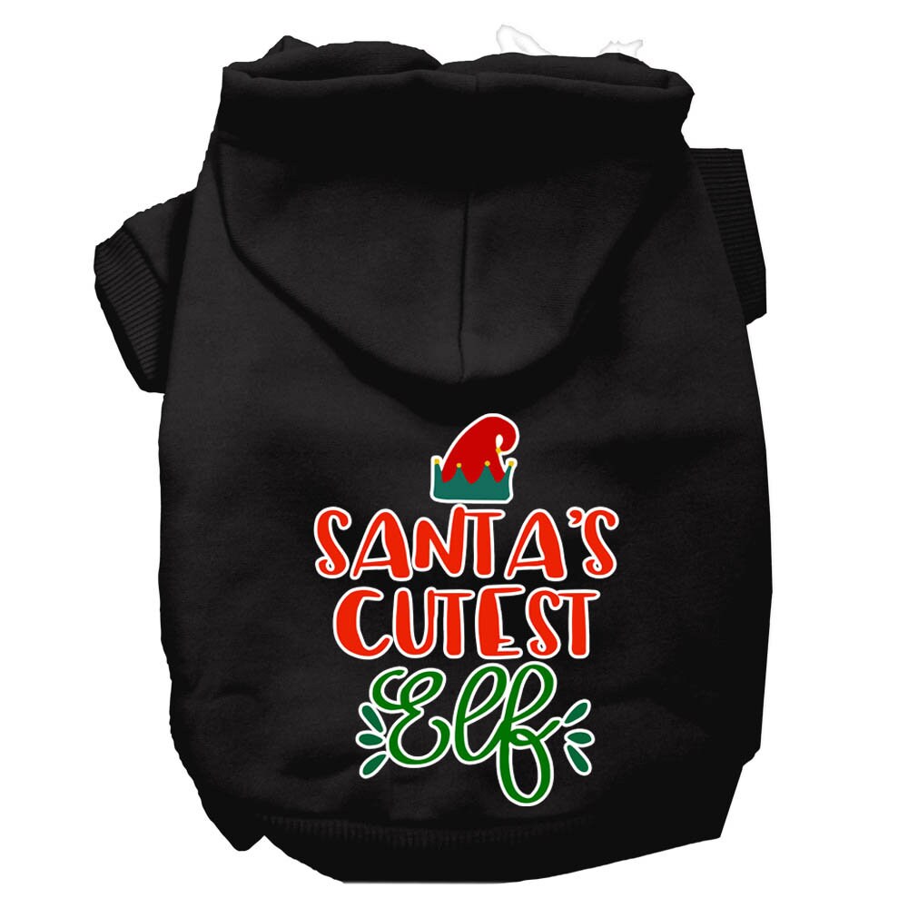 A festive Christmas hoodie for pets, featuring the text 'Santa's Cutest Elf', designed for dogs and cats with a cozy fit.