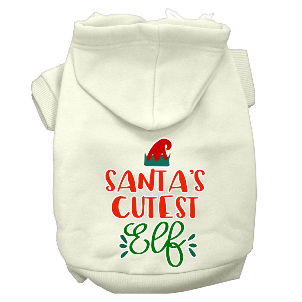 A festive Christmas hoodie for pets, featuring the text 'Santa's Cutest Elf', designed for dogs and cats with a cozy fit.
