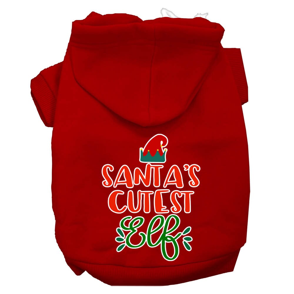 A festive Christmas hoodie for pets, featuring the text 'Santa's Cutest Elf', designed for dogs and cats with a cozy fit.