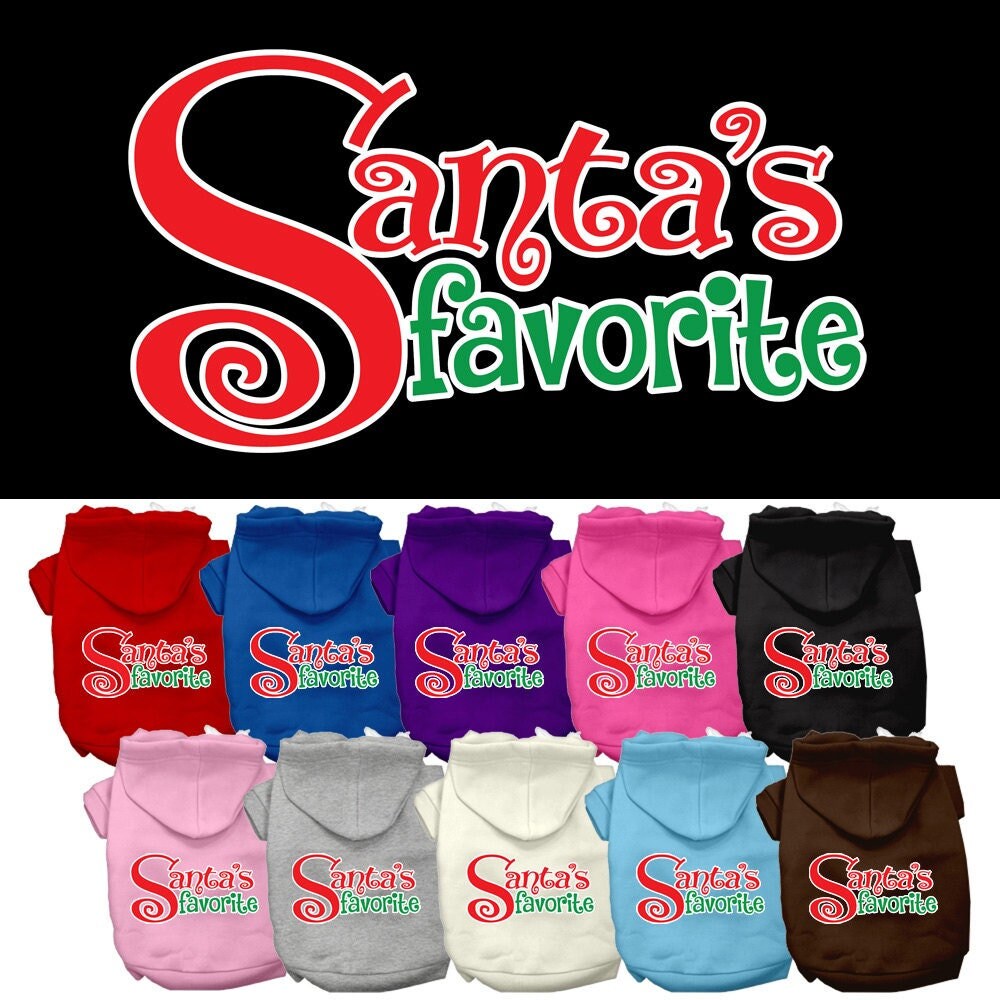 A cozy Christmas hoodie for pets, featuring the text 'Santa's Favorite' in festive colors, perfect for dogs and cats.