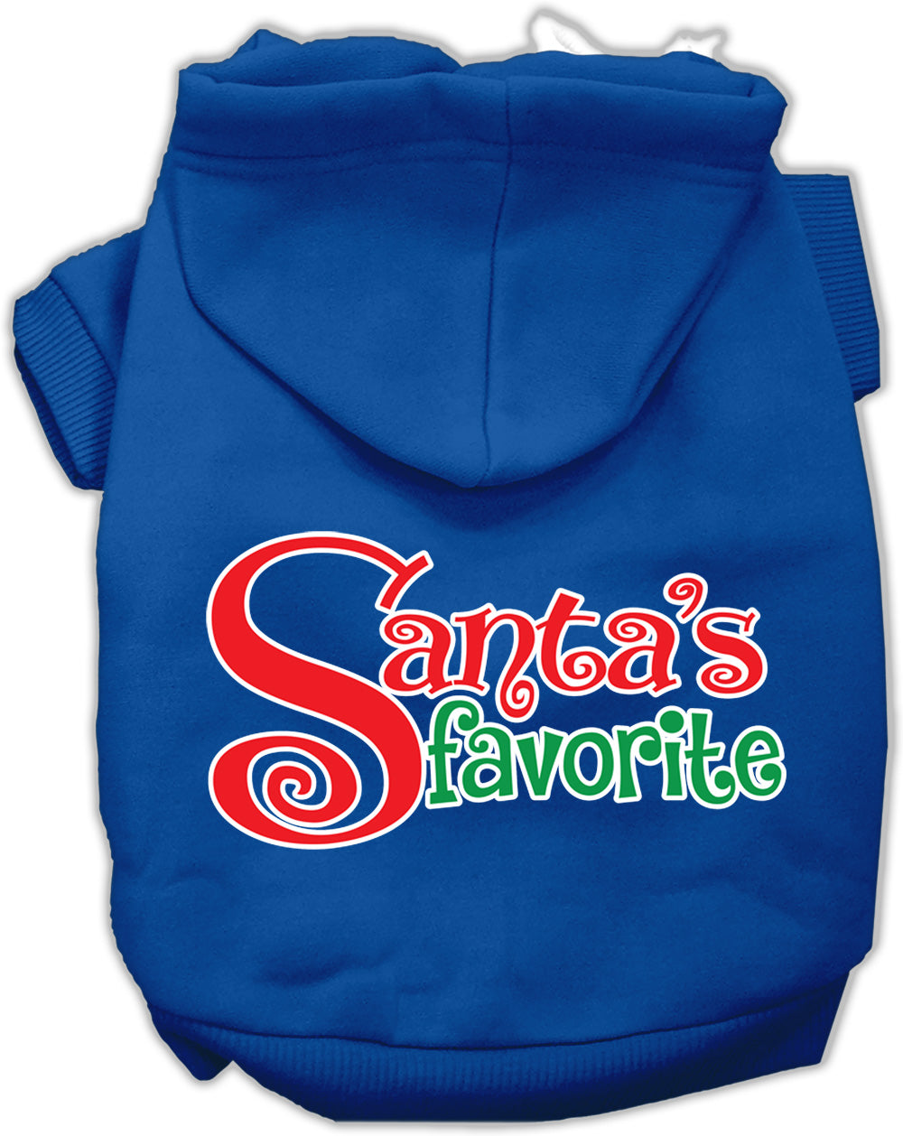 A cozy Christmas hoodie for pets, featuring the text 'Santa's Favorite' in festive colors, perfect for dogs and cats.