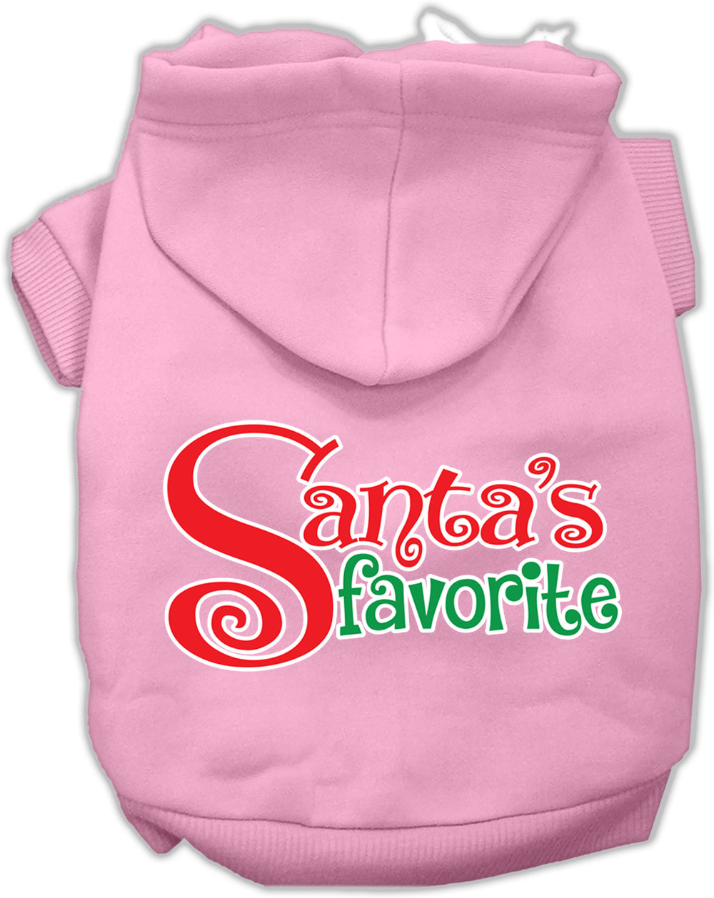 A cozy Christmas hoodie for pets, featuring the text 'Santa's Favorite' in festive colors, perfect for dogs and cats.