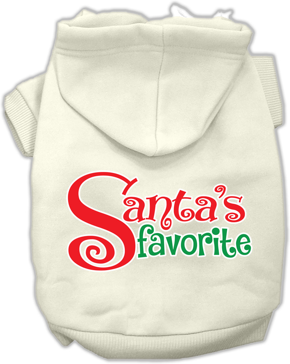 A cozy Christmas hoodie for pets, featuring the text 'Santa's Favorite' in festive colors, perfect for dogs and cats.