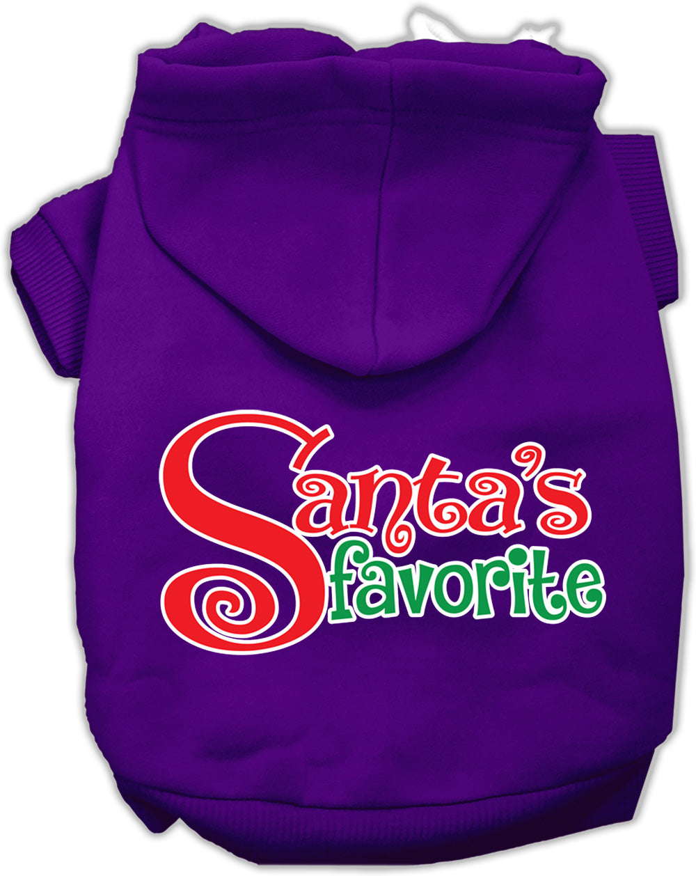 A cozy Christmas hoodie for pets, featuring the text 'Santa's Favorite' in festive colors, perfect for dogs and cats.