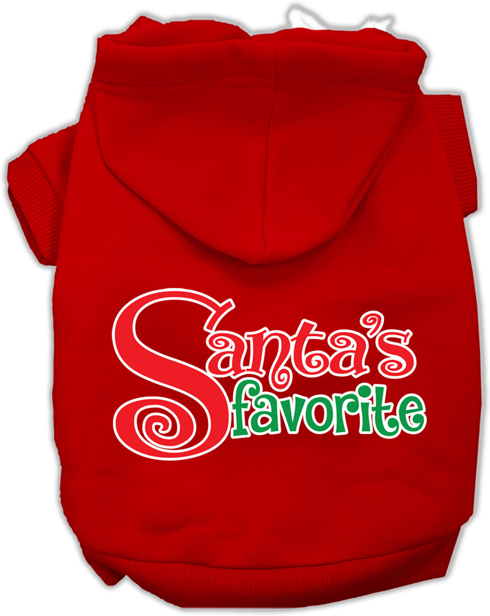 A cozy Christmas hoodie for pets, featuring the text 'Santa's Favorite' in festive colors, perfect for dogs and cats.