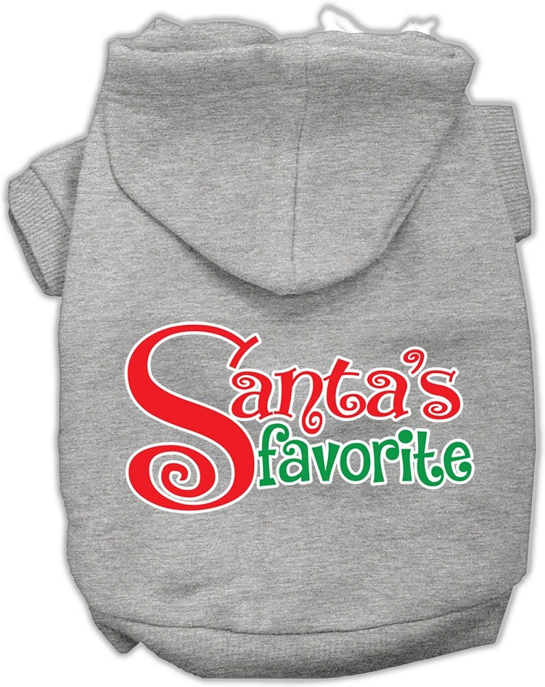 A cozy Christmas hoodie for pets, featuring the text 'Santa's Favorite' in festive colors, perfect for dogs and cats.