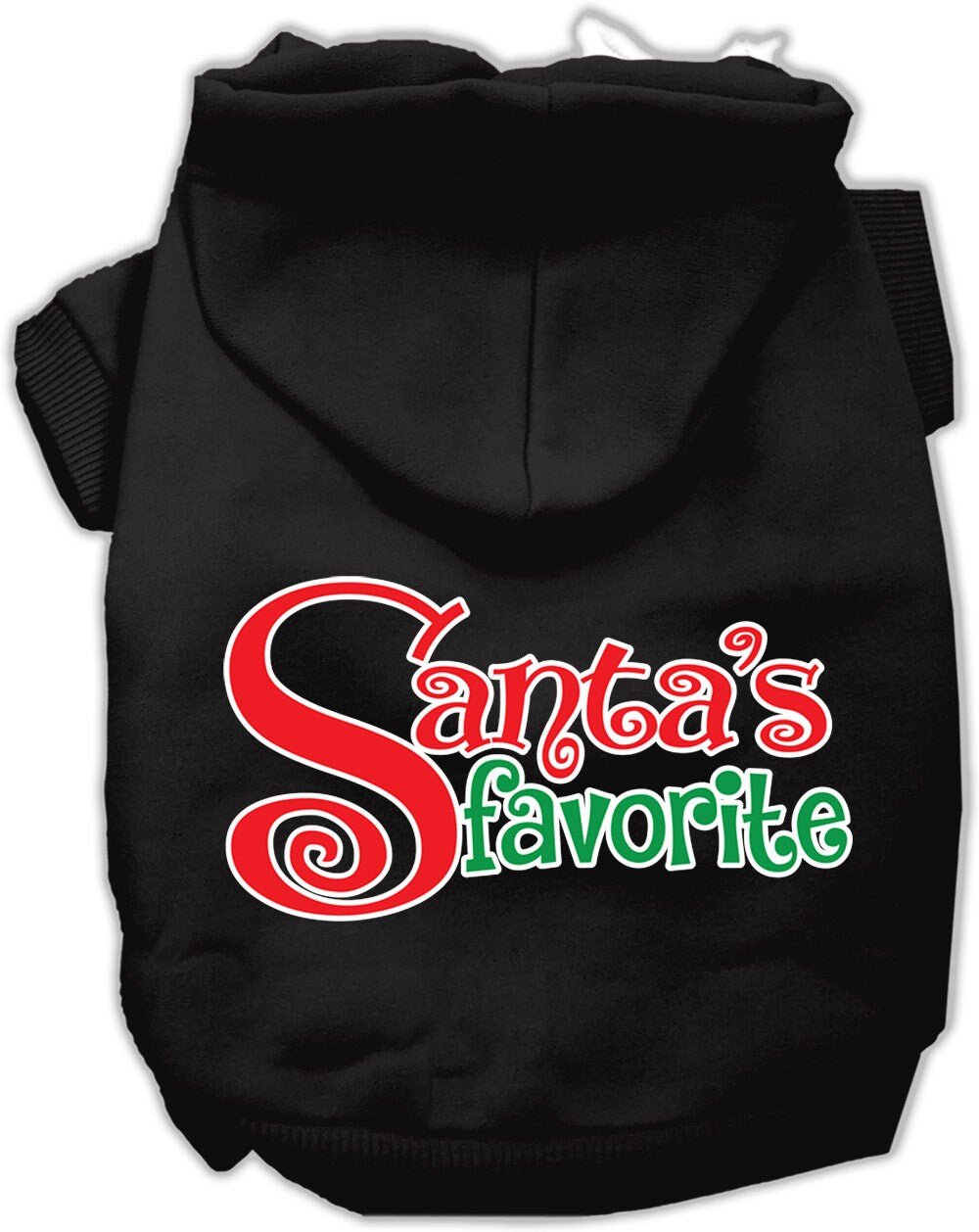 A cozy Christmas hoodie for pets, featuring the text 'Santa's Favorite' in festive colors, perfect for dogs and cats.